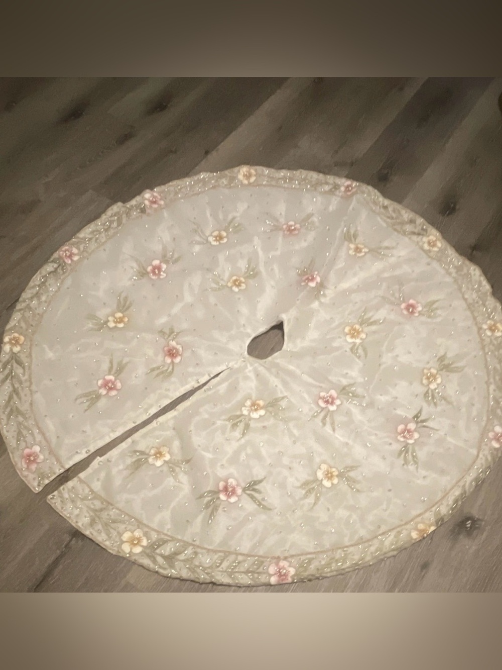 Source Unknown Floral Embroidered Tree Skirt in Ivory, Pink, and Green